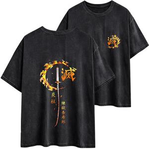 Men's Demon Slayer Kyojuro Rengoku Katana Printed Casual Classic Shortsleeve T-Shirt - 90s Slayer Style Menswear Streetwear, Soft Round Neck, Twist Seamless, Black with Red Design, Cotton-Polyester Blend Top