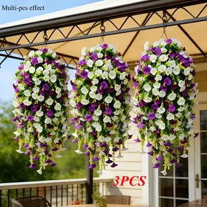 3pcs Artificial Purple and White Morning Glory Vines, Home Decoration Bouquet, Realistic Plastic Material, Maintenance-Free Outdoor Hanging Fake Flower Vines, Suitable for Home, Weddings, Outdoor Garden Courtyards, Porch Eaves Decoration