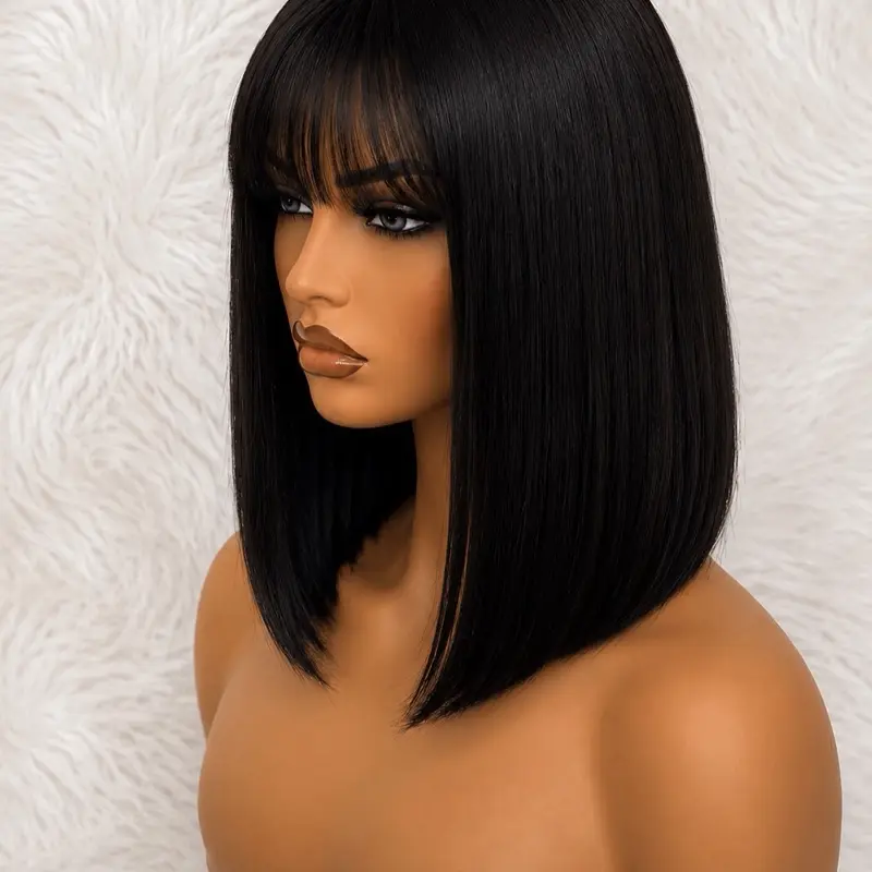 12” Black Bob Wig with Wispy Bangs | 100% Human Hair | Glueless | Soft & Silky