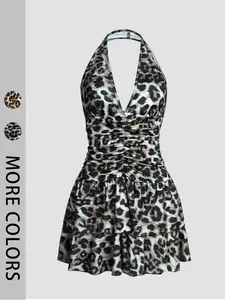 Leopard Print Sexy Statement Bodycon Dress, Tight-Fitting Halter Neck Mini Dress, Bold Animal Pattern, Perfect for Parties & Night Out, Womenswear