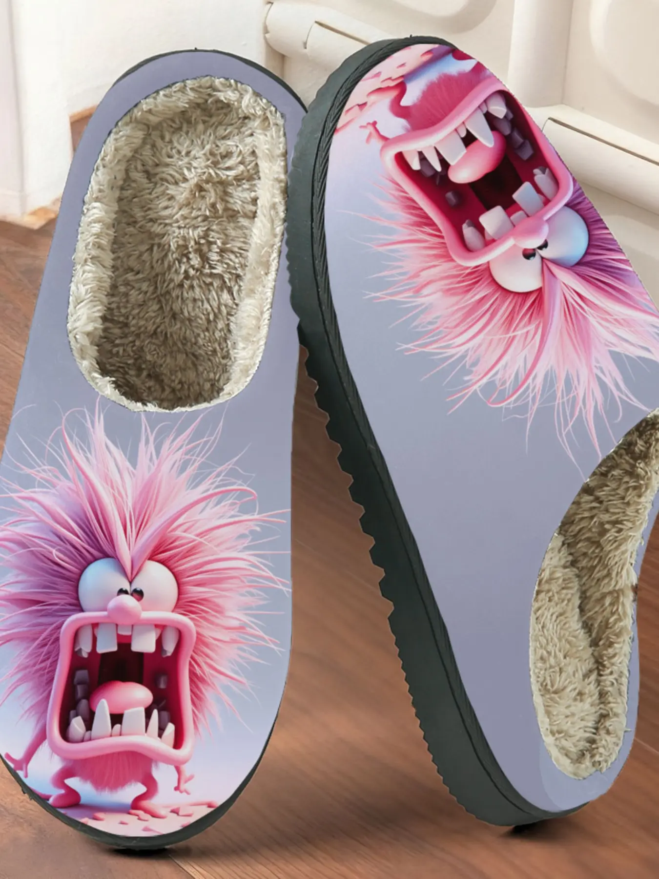 Funny Monster Print Cotton Slippers, Fun Trendy Cute Style, Fuzzy Lined Anti-Slip Thick Sole, Home Men Women Fall Winter Warm Shoes