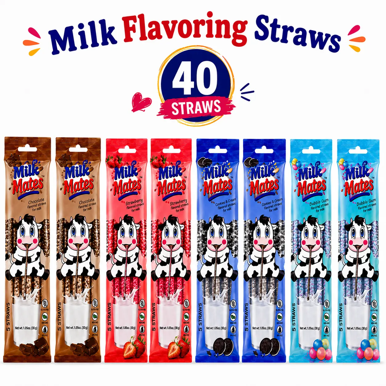 Milky Mates Milk Mild Flavoring Straws for 7 oz Glass of Milk – Chocolate, Strawberry, Cookies & Cream, Bubblegum Flavored Milk Straws for Kids, 40 Straws