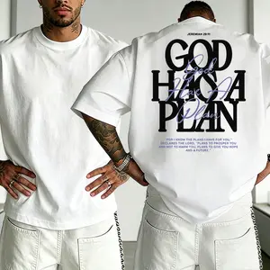 Men’s oversized “God Has a Plan” Christian graphic T-shirt, Jeremiah 29:11 Bible verse print streetwear tee, loose-fit short-sleeve shirt—ideal for everyday wear, faith-based outfits, and urban style.