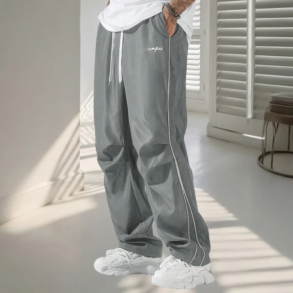 Men's Retro Streetwear Wide-Leg Polyester Track Pants - Casual Drawstring Waist, Side Stripe Embroidery, Elastic Waist, Multi-Size, All Seasons, Minimalist Sporty Chic, Campus Stitch Menswear Bottoms