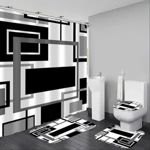 4pcs geometric pattern design, shower curtain set, Bathroom Shower Equipment, Bathroom Decoration Accessories, includes non-slip bath mat, U-shaped rug, toilet lid cover, bathroom decoration, with 12 shower curtain hooks