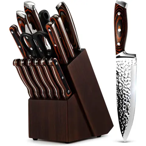 15-Piece High Carbon Japanese Stainless Steel Kitchen Knife Block Set - Full Tang Blades, Self-Sharpening Sharpener, Ergonomic Handles, Hammered Irregular Pattern Blades, Hand Wash Only, Stylish Holiday Gift Kitchenware for Cutting Tasks, Blade