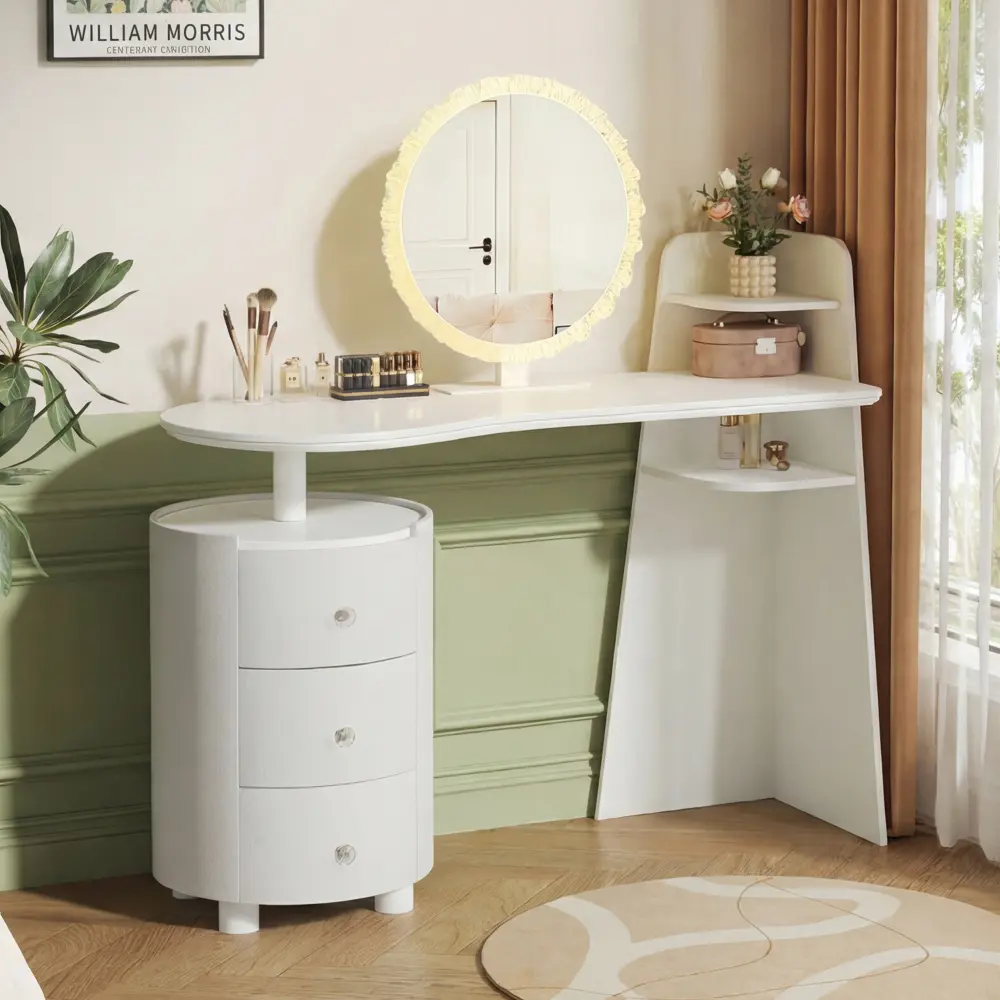 Light Luxury Wood Glam Makeup Vanity Dressing Table for Room Decor - 3-Color LED Round Shape Mirror, 360° Rotatable 3-Tier Cylindrical Storage Cabinet, Foldable, Easy Setup & Assembly
