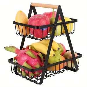 1pc Kitchen Vegetable And Fruit Basket, Double-Layer Storage Basket, Living Room Bread And Snack Basket, Convenient And Practical, Wooden Portable Iron Fruit Basket, Kitchen Storage Basket, Living Room Storage Basket, Removable Assembly