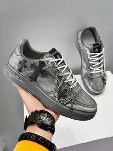 Men's Vintage Stylish Casual Sneakers, Sports Shoes - Metal Chain + Cross Decoration, Distressed Design, For Daily Wear & Trendy Styling, Comfortable & Eye-catching