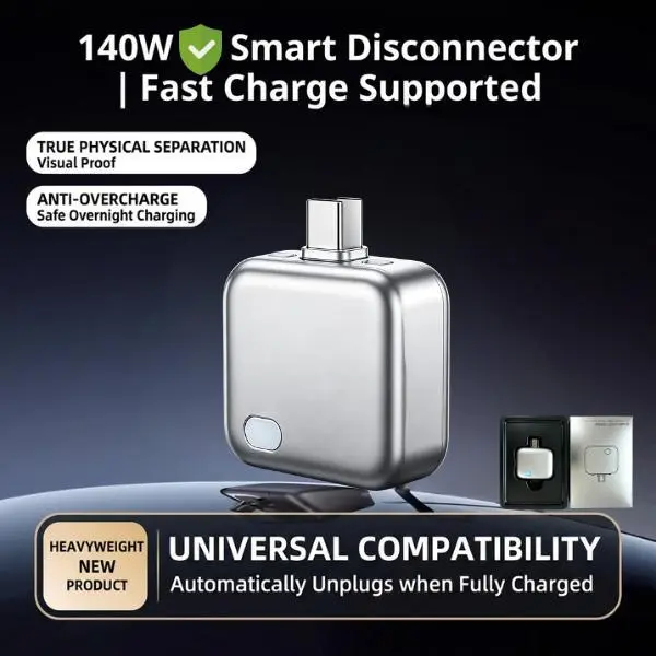 TypeC 140W Physical-Disconnect Battery Guard - Auto & Self-Eject Charger, Smart Auto-Stop Accessory for Chargeable Mobile Smartphones, Laptops, Tablets, Anti-Overcharge Tech Accessories for Safe Overnight Use, Gift