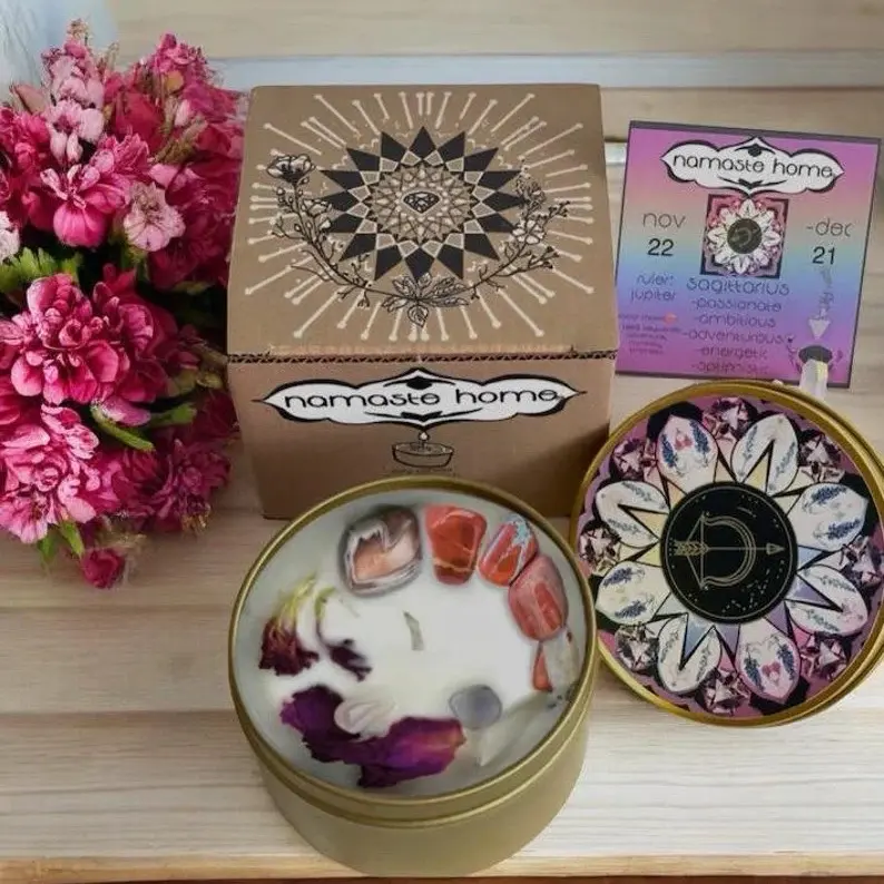 Sagittarius Crystal Candle with Rose Petals and Lavender - Handmade Zodiac Candle for Astrology Gift - Aroma, Decor Flowers candles premium candle mom christmas holiday gift spiritual