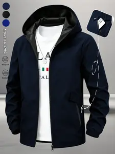 Men's Hooded Windproof Jacket, Breathable Zip-Up Cardigan, Multi-Functional Padded Pocket Design, Lightweight Outdoor Casual Outerwear
