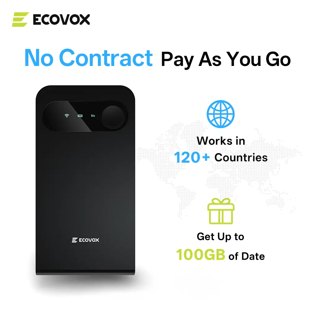 ECOVOX e1 2025 Portable 4G LTE Tri-Band Global Pocket Wi-Fi Hotspot Router - Sim-Free, 802.11a, High-Speed Internet, Massive Free Data, 13-Hour Battery, USB-Enabled for Car/RV Travel, Compatible with Tablets, Laptops, Phones (120+ Countries), 99G