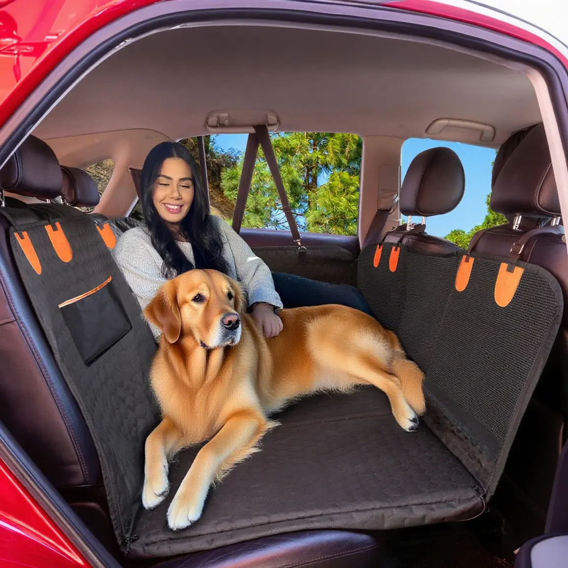 Dog Back Seat Extender with Hard Bottom Waterproof 600D Oxford Fabric Seat Covers for Full-Size Trucks - 400lbs Load-Bearing, Mesh Window, Large Storage Pockets, Foldable, Easy to Clean, Zipper, Buckle, Safety Features, Foldable Travel Bag