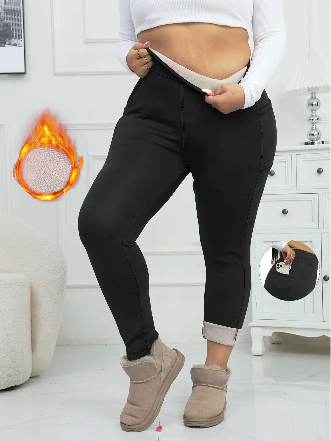 Plus Size Womens Thermal Fleece Lined High Waisted Leggings With Pockets - Soft Yoga Pants for Winter Workouts & Daily Wear