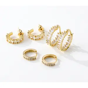 3 Pairs Hypoallergenic CZ Huggie Hoop Earrings Set |   14K Gold Plated Stainless Steel, Comfortable for Cartilage & Snug Piercings