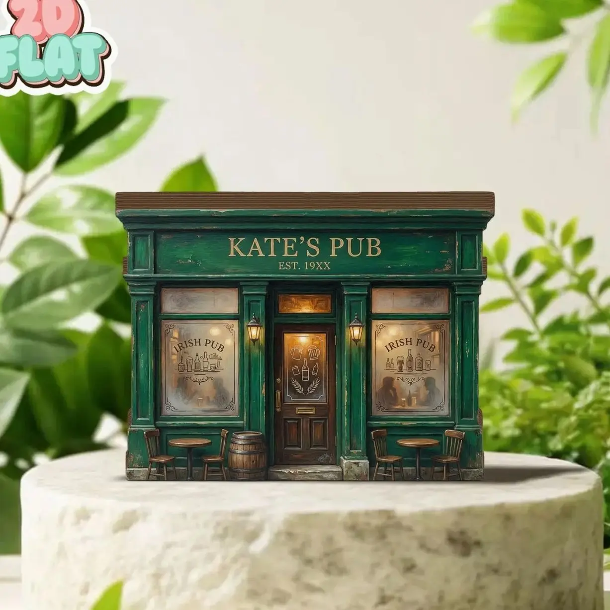 Personalized Irish Pub 2D FLAT Wooden Block Decor, Custom Pub Name Shelf Sign, Green Bar Book Nook Style, Irish Home Decor Gift