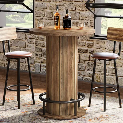 Tribesigns Round Bar Table with Chairs, Industrial Bistro Sets with 2 barstools, Pub Cocktail Table with Metal Ring Footrest for Kitchen Nook, Apartment, Small Space