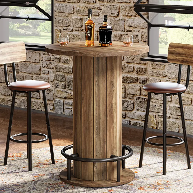 Tribesigns Round Bar Table with Chairs, Industrial Bistro Sets with 2 barstools, Pub Cocktail Table with Metal Ring Footrest for Kitchen Nook, Apartment, Small Space