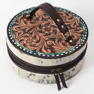 Hand-Tooled Round Hair-On Leather Jewelry Case Western Floral & Turquoise Inlay - $220.00