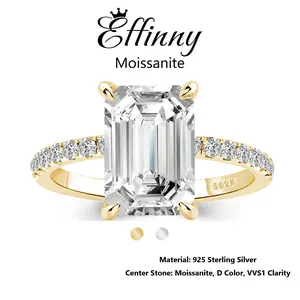 Effinny Female Moissanite Rings - 3.5 Carat Excellent Emerald Cut Solitaire, D Color VVS1, 14K Gold-Plated Engagement Wedding Bands, Women's Daily & Wedding Jewelry