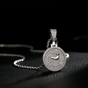 12 Zodiac Sign Coins Necklace 14K Gold Plated Hip Hop Pendant with Synthetic Zirconia Stones 24in Stainless Steel Chain Unisex Jewelry Gift for Men Women