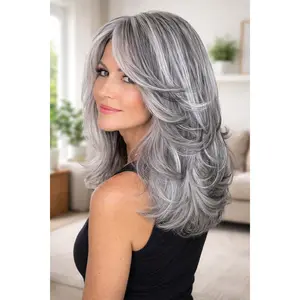 FESHFEN 20" Silver Grey Layered Wig, Glueless Salt and Pepper Voluminous Wavy Wig for Women, Wear & Go Natural Blowout Hair