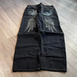 Baggy Black Jeans w/ Back Embroidery Y2K Streetwear Denim with Angel Wings Design