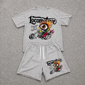 Men’s Summer 2 Piece Set, Ron Motor. Hiphop Street Style Letter Print Short Sleeve T Shirt and Drawstring Shorts Matching Outfit, Lightweight Breathable Casual Set for Travel, Streetwear, Beach, Vacation, and Daily Wear