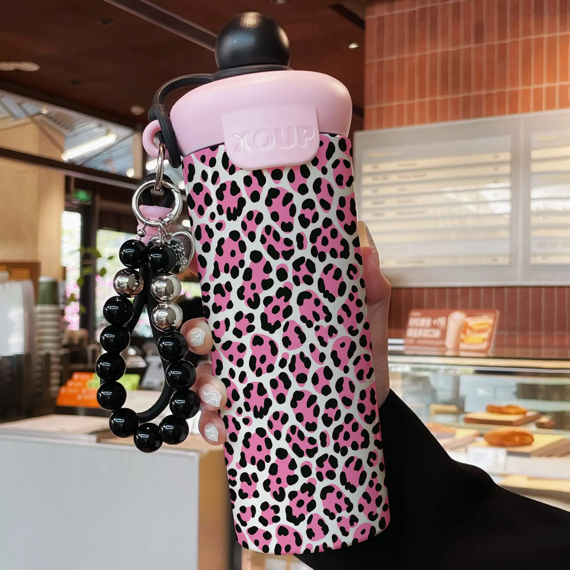 600ML Insulated Stainless Steel Mug with Beaded Bracelet, Stylish Leopard Print with Straw, Leakproof Travel Coffee Cup, Stainless Steel Drinkware, Perfect Women's Gift for Home & Office, Stainless Steel Thermal Tumbler