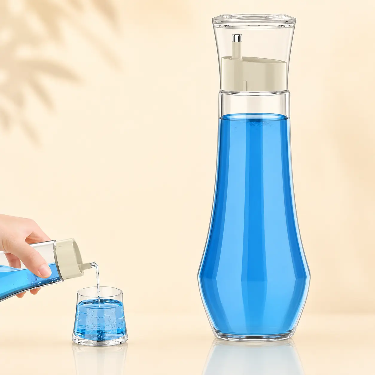 Refillable Glass Mouthwash Dispenser with Cup Lid, 8.8 oz Clear Bathroom Mouthwash Bottle for Countertop Organization