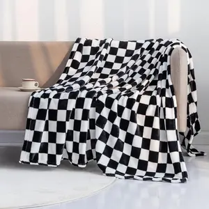 Flannel Throw Blanket with Checkerboard Grid Pattern Soft Warm Cozy Luxurious Throw Blanket for Couch Bed Sofa Suitable for All Seasons (Black, 50"x60")