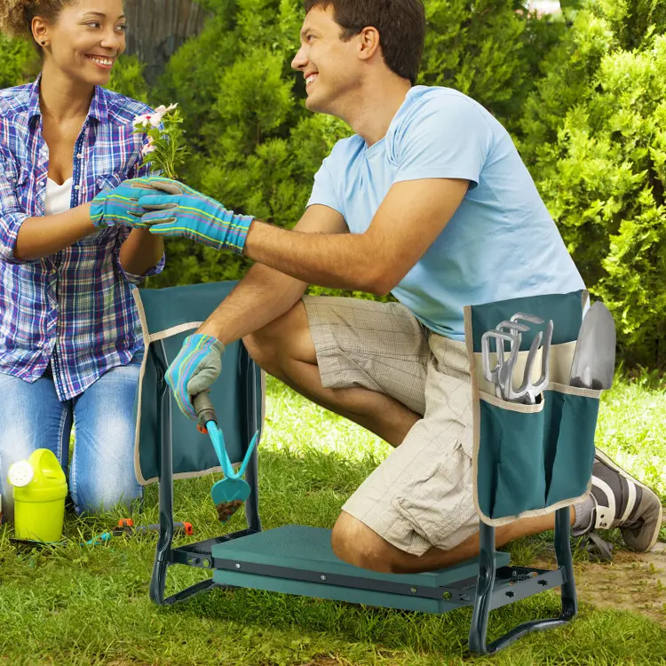 Costway- Garden Kneeler and Seat, Foldable Garden Bench for Kneeling & Sitting, Widened EVA Soft Foam Pad, Garden Stool w/Large Tool Pouches-Springtok