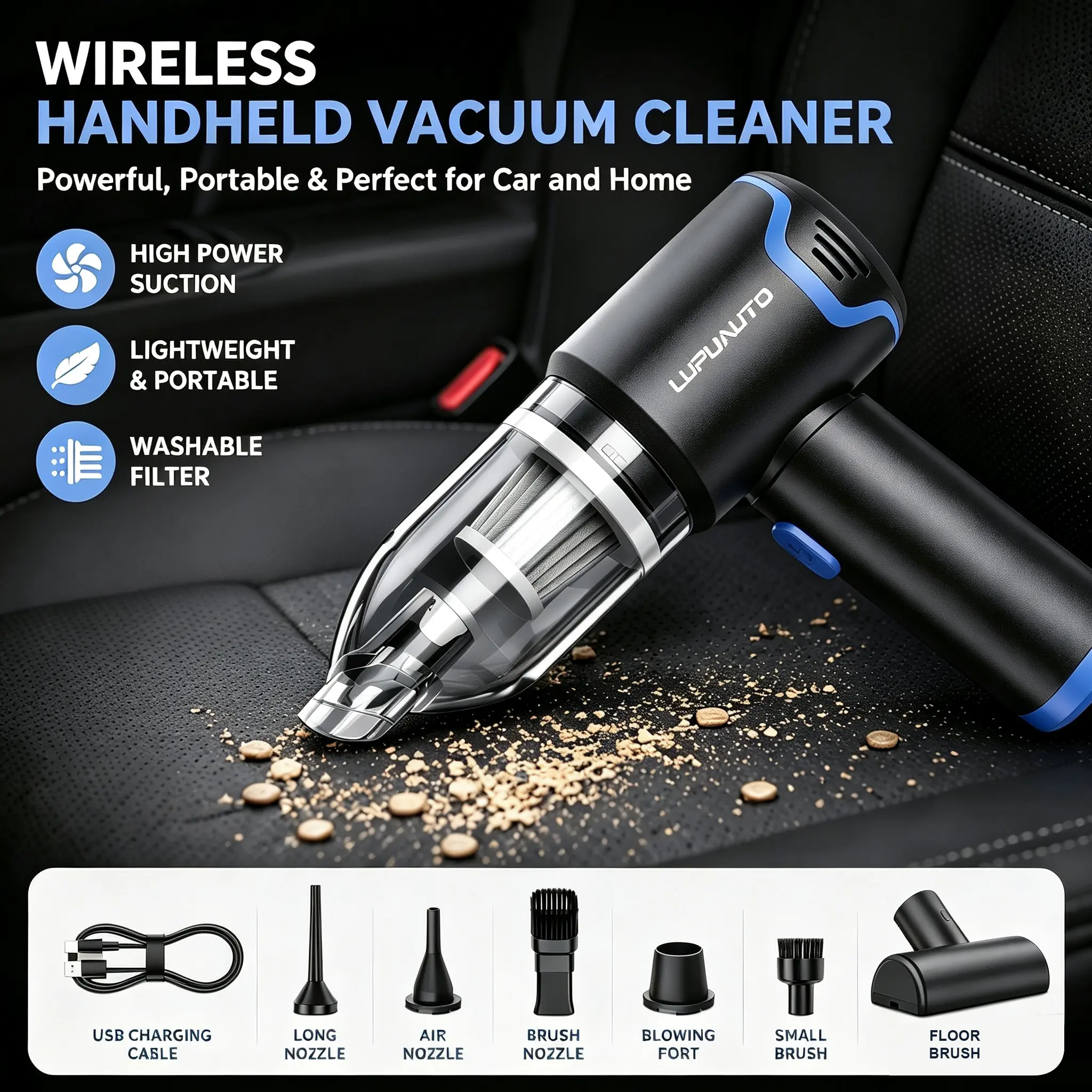 Wireless Handheld Vacuum Cleaner – Lightweight Portable Car & Home Vacuum, High Power Suction Cleaner, Washable Filter, Quiet Cordless Design