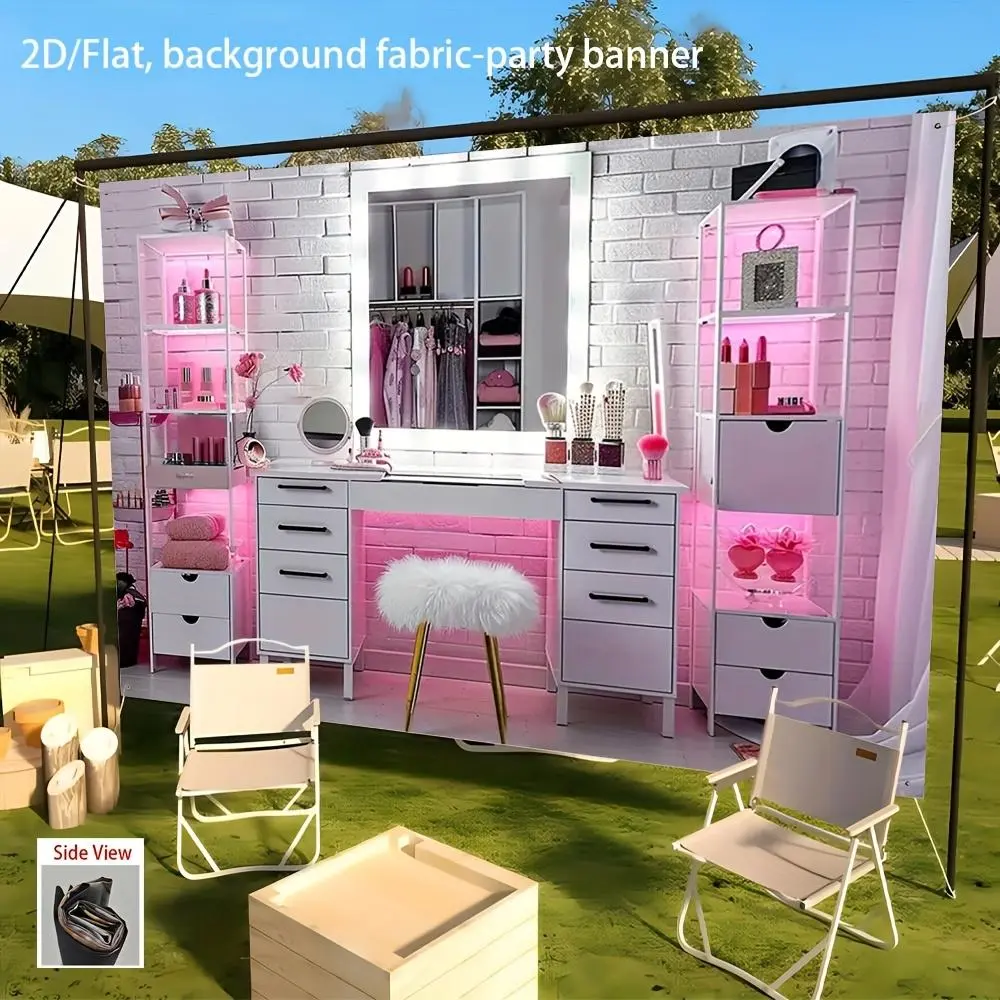 2D Flat Polyester Party Banner - Modern Glamorous Makeup Vanity Themed Fabric Backdrop, Party Decoration Supplies for Happy Birthday, Midsummer Festival Home Decor