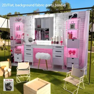 1pc 2D Flat 1pcs, 2D/Flat, background fabric-party banner, Modern Glamorous Makeup Vanity Set with Pink Lighting, Living room, office, bar, cafe, home decor, party, Midsummer Festival, Festival Background Deco