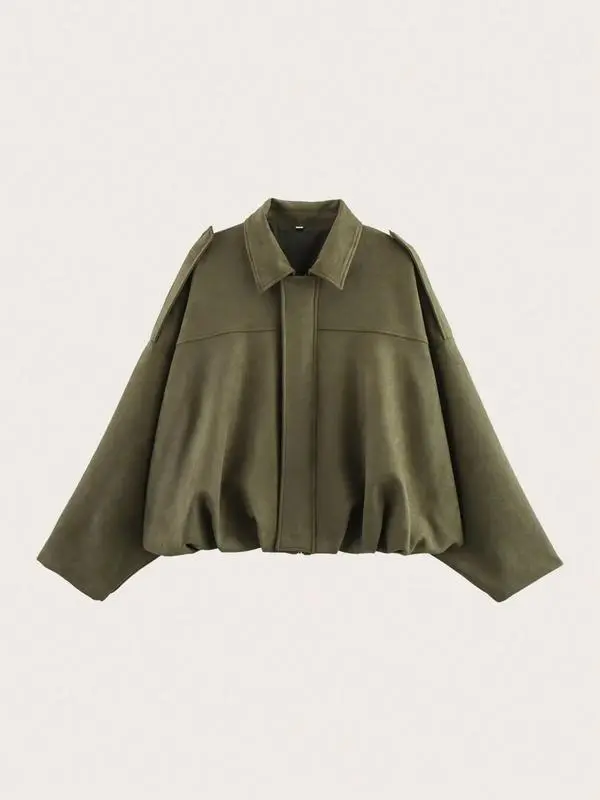 New Spring Trendy Military Army Short Suede Jacket Coat, Loose Fit Women's Casual Outerwear Tops, Stylish Plain Design