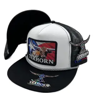 DUMAS TX Black & White Cap with Rope by Texhorn Handcrafted with Texas Flag and Longhorn Design