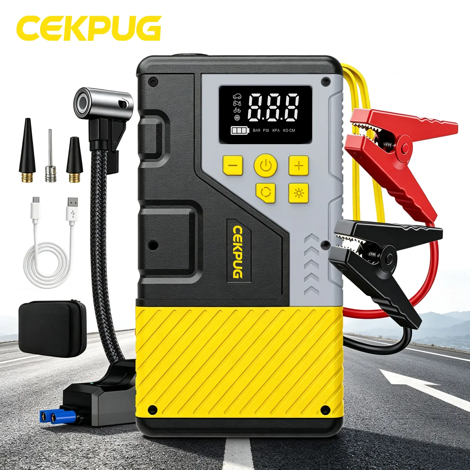 【toolupgrade】 CEKPUG Portable Car Jump Starter with Air Compressor for Emergencies,3000A Peak and 150 PSI Max,for 12L Gas & 10L Diesel Engines,LCD Display,LED Light toolupgrade