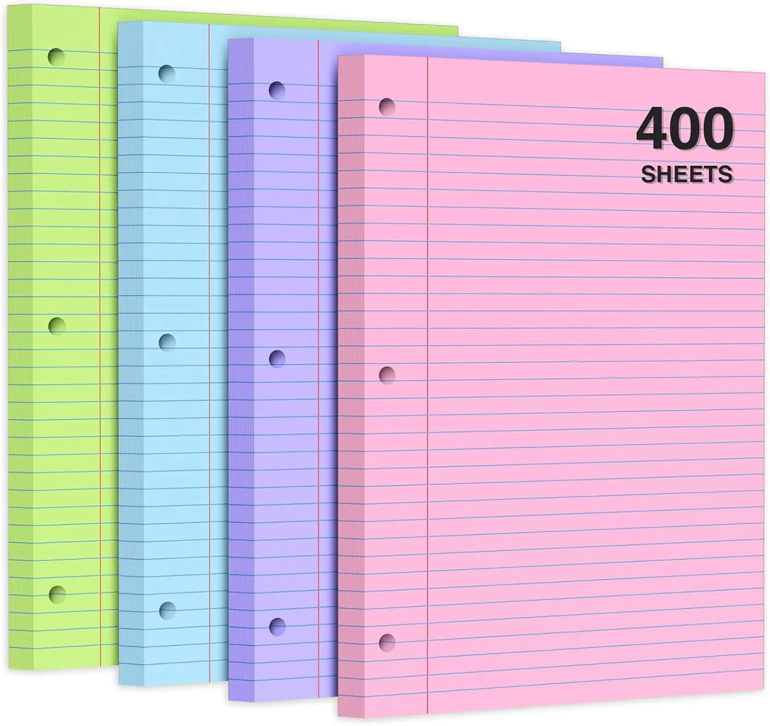 400 Sheets Pastel Colored Filler Paper Set, College Ruled, 8" x 10.5" Three-Hole Punched, Compatible with 3-Ring Binders, Includes Pink, Purple, Blue, Green