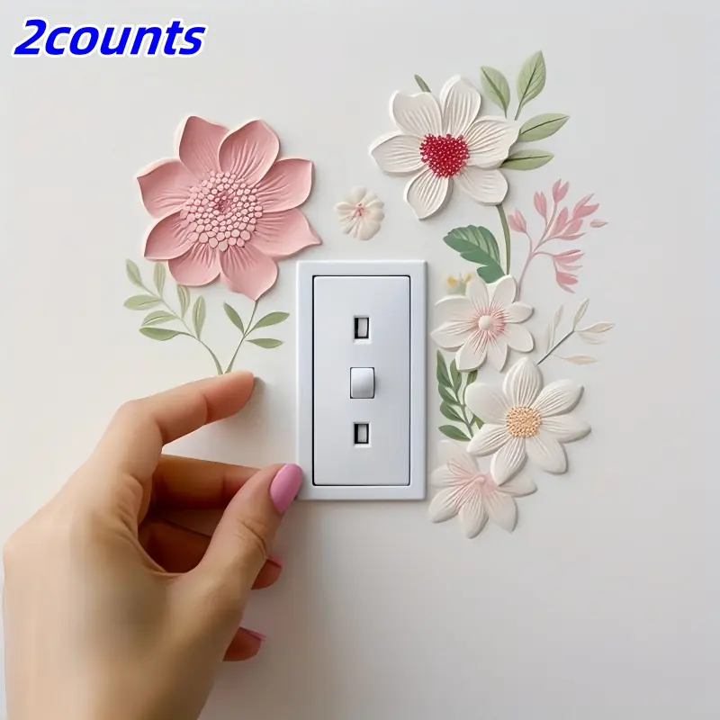 Elegant Floral Light Switch Stickers Set, Decorative Wall Sticker, Self-Adhesive Removable PVC Decals with Flowers & Leaves for Living Room Decor