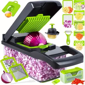 Professional 16-in-1 Multifunctional Vegetable Chopper – Slicer, Dicer, and Food Prep Tool with 8 Interchangeable Blades & Storage Container