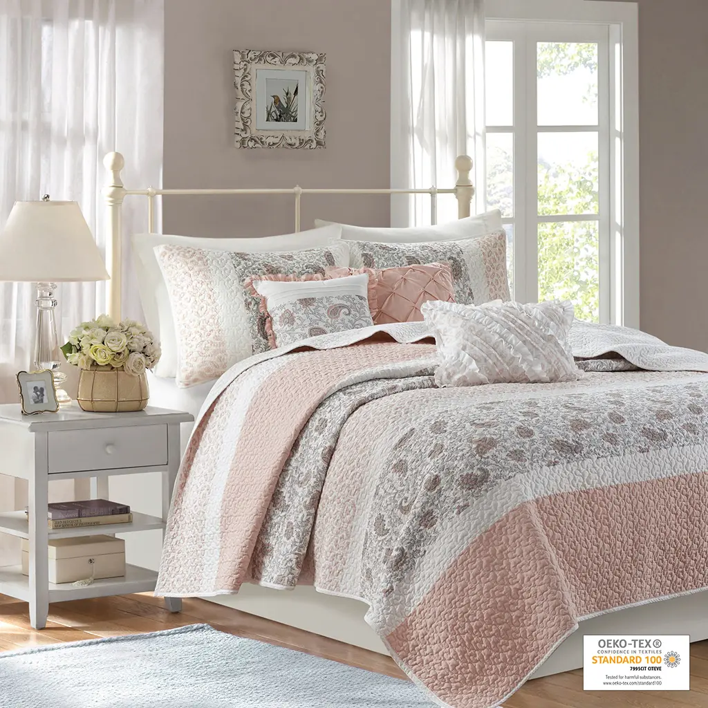 6 Piece Cotton Percale Quilt Set with Throw Pillows, Dawn