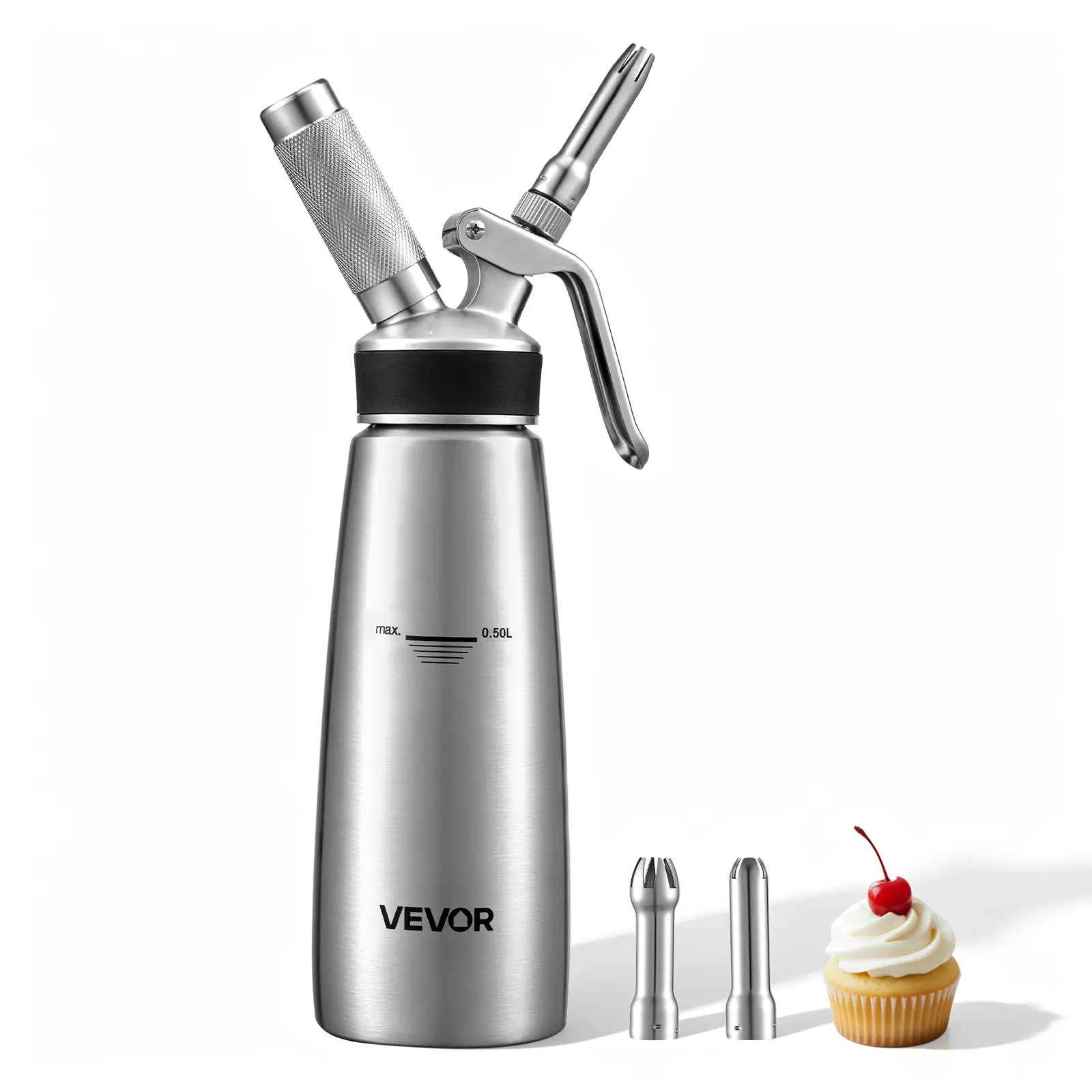 VEVOR Professional 304 Stainless Steel Whipped Cream Dispenser 500ml, Leak-Free Whipped Cream Maker, Whip Cream Canister with 3 Decorating Nozzles & Cleaning Brush, N₂O Chargers (Not Included)