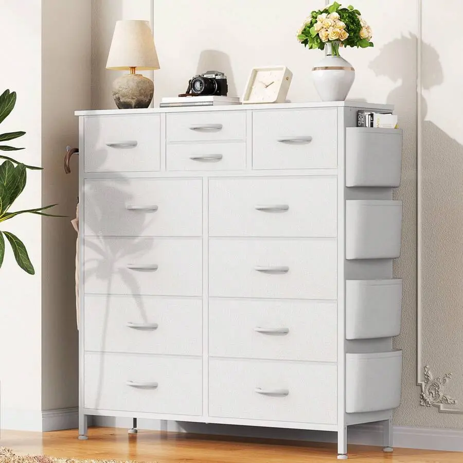 12-Drawer Fabric Storage Dresser for Bedroom, Chest with Wood Top & Sturdy Steel Frame, Foldable Fabric Cover Drawers, Breathable, Assembly Required, Above 25 kg Weight Capacity, Foldable Drawers, Lightweight And Breathable