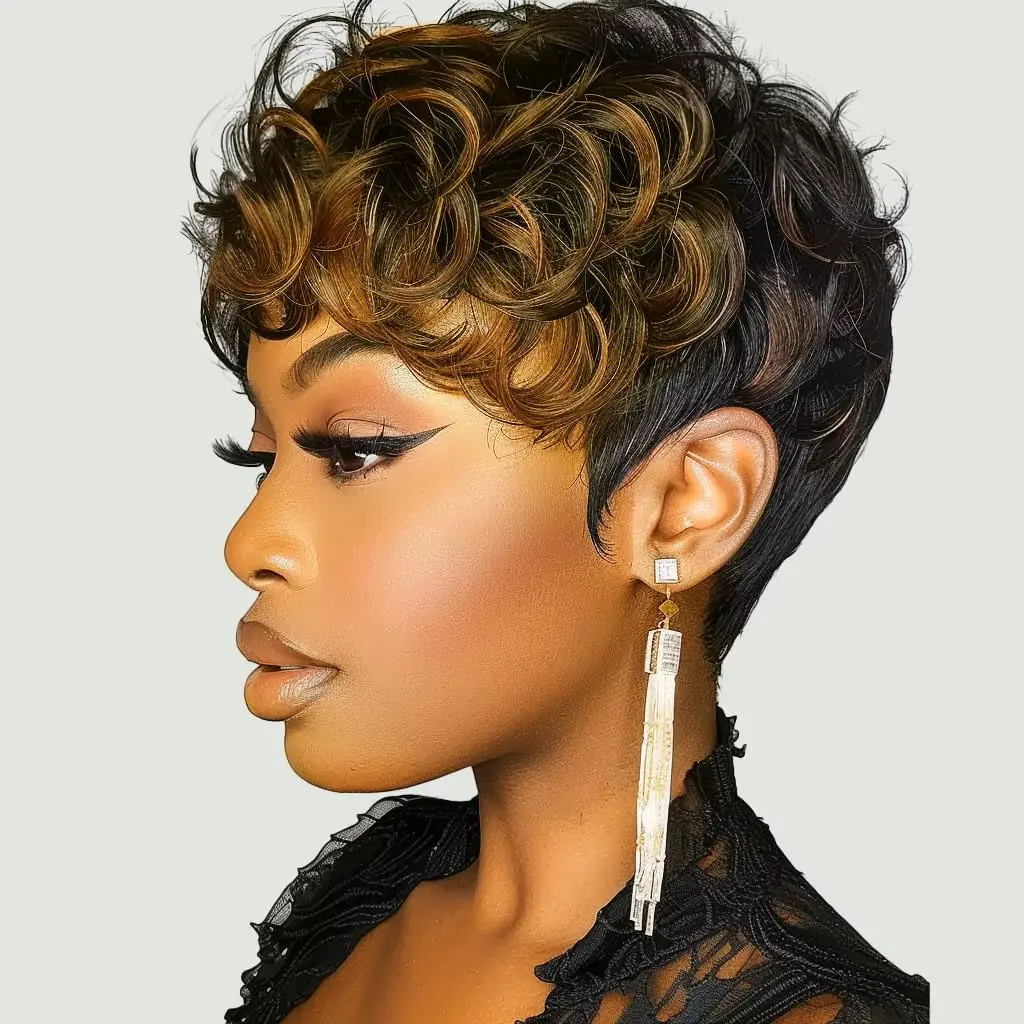 women's short pixie cut curly wig Synthetic Hair Wig Cut Glueless Wigs