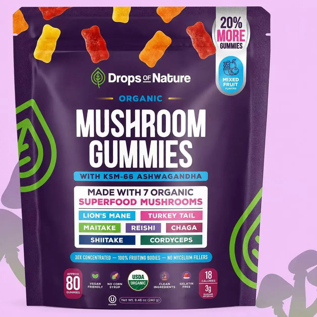 Drops Of Nature Mushroom Complex Gummies with KSM-66 Ashwagandha, Lion's Mane, Reishi, Cordyceps, Chaga, Maitake, Shiitake, Turkey Tail, Mixed Fruit Flavor, 80 Count Natural Dietary Supplement Vitamin