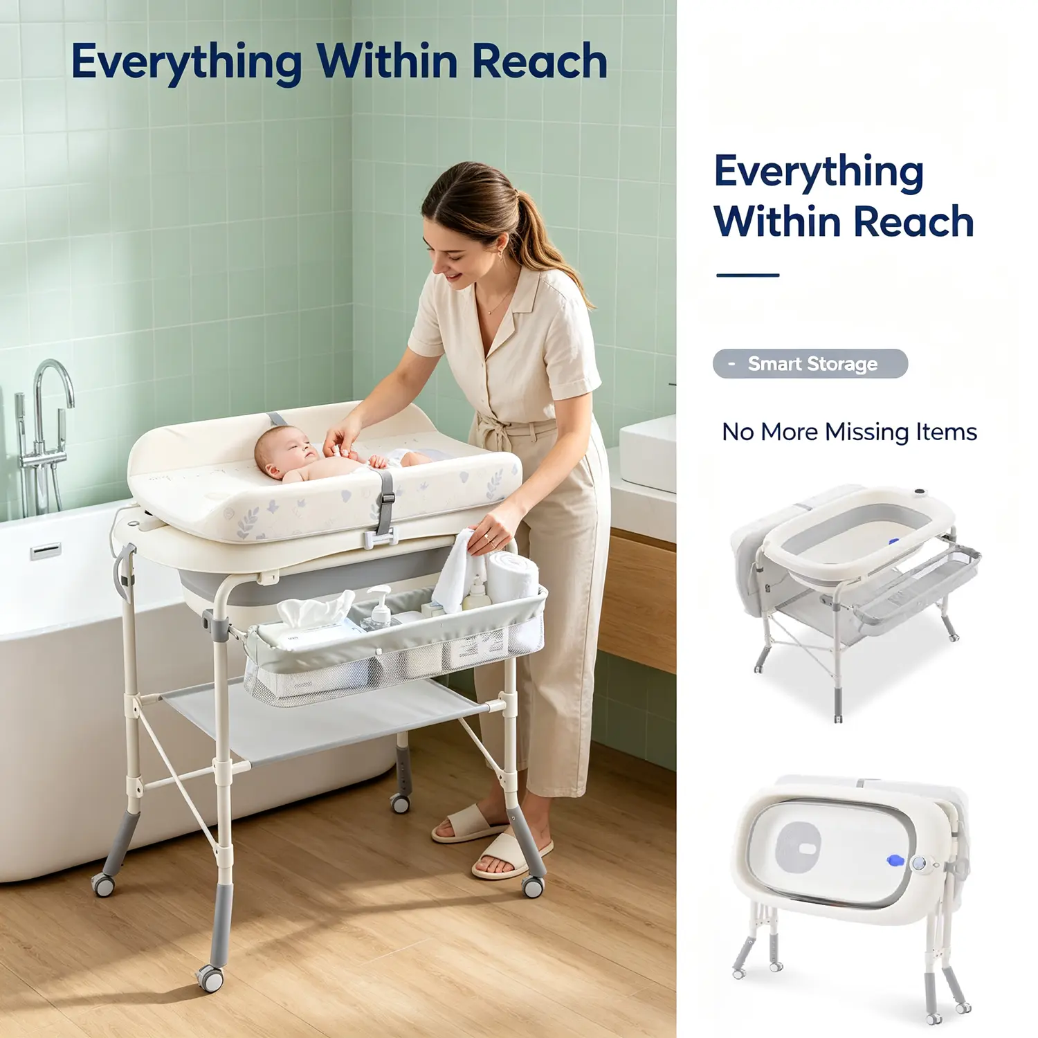 2-in-1 Baby Bathtub with Changing Table, Foldable Diaper Changing Station with 4 Wheels, Waterproof Pad, Storage Rack and Baby Bath Tub, Adjustable Height Portable Nursery Organizer for Newborn Infant