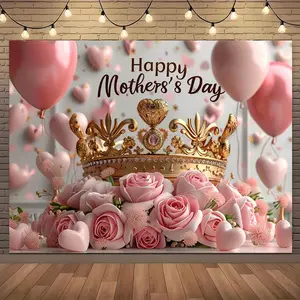 2D Flat, 1pc Party Banner 2D Flat Printing Happy Mother's Day Party Banner Backdrop with Crown, Roses Balloons Pink Floral Photography Background Cloth, Fabric for IndoorOutdoor Decor, No Electrici