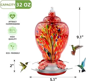 Outdoor patio bird feeder - 32 ounces. Hand-blown colorful glass material, with ant-proof grooves and hanging hook. Bright colors make it more attractive to birds for feeding.